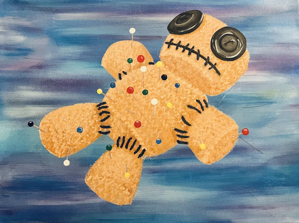 Sorry Not Sorry by Dawna Sutton: a stitched voodoo doll with button eyes, stuck full of colored pins, floating on streaks of blue and violet.