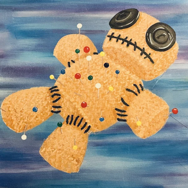 Sorry Not Sorry by Dawna Sutton: a stitched voodoo doll with button eyes, stuck full of colored pins, floating on streaks of blue and violet.